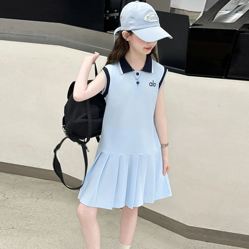 女童POLO领无袖连衣裙韩范休闲百褶裙2025新款中大童裙子夏装洋气