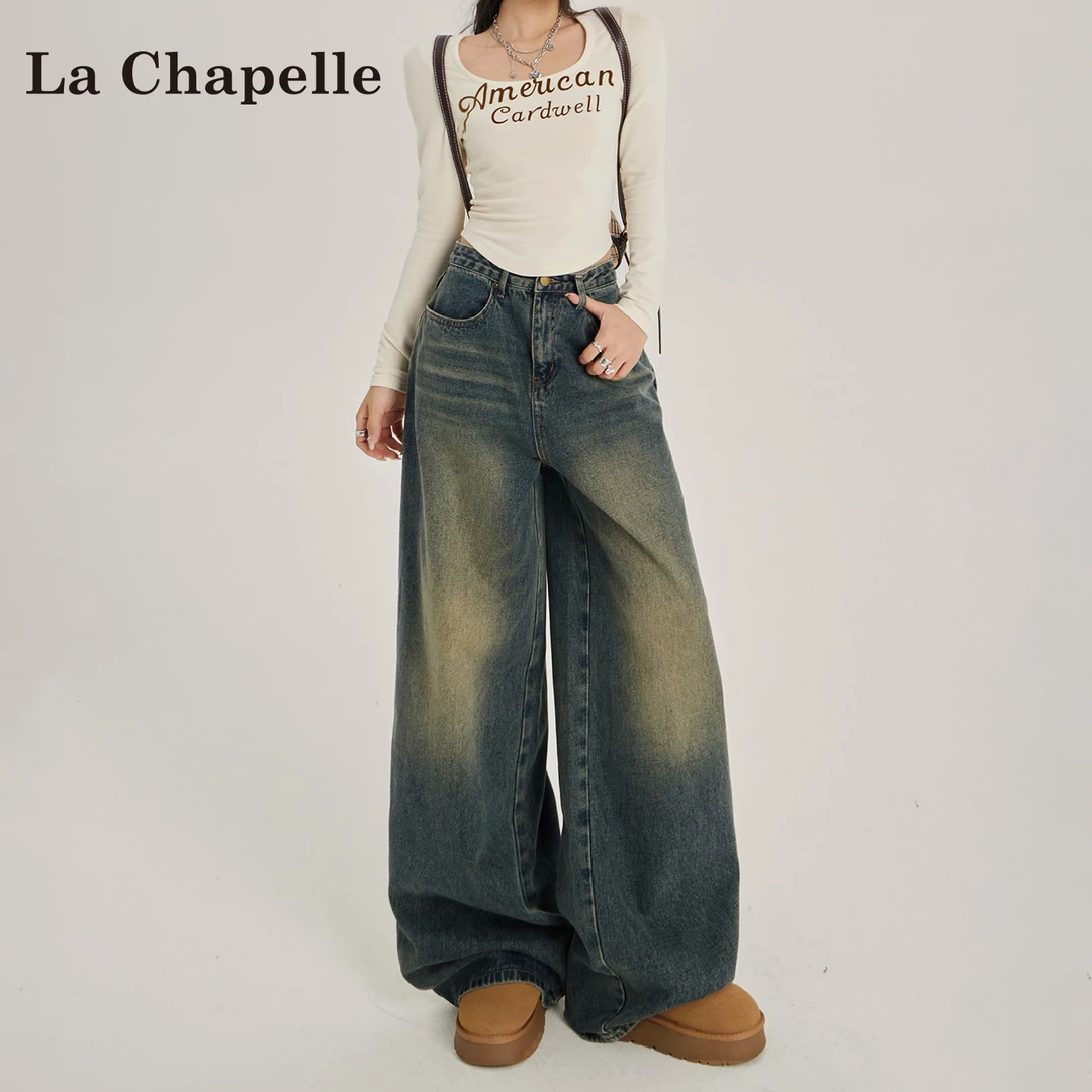 拉夏贝尔美式复古直筒牛仔裤女2025早秋季新款怀旧高腰宽松阔腿裤