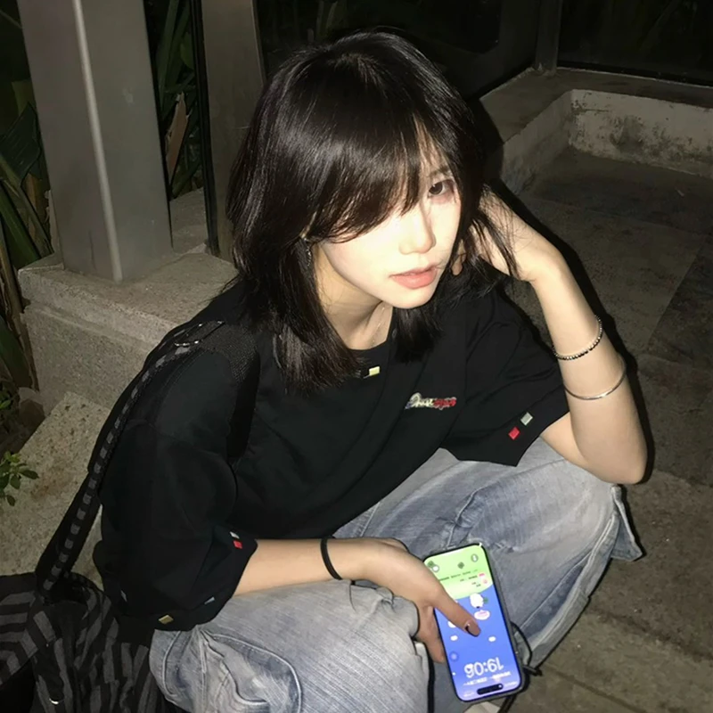 男女同款刺绣彩虹宽松短袖T恤夏季高街潮牌新款美式街头圆领ins短