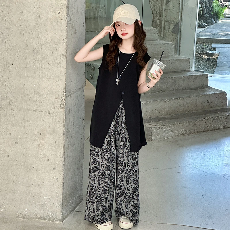 女大童阔腿裤套装2025新款儿童慵懒风中大童背心休闲裤两件套薄款