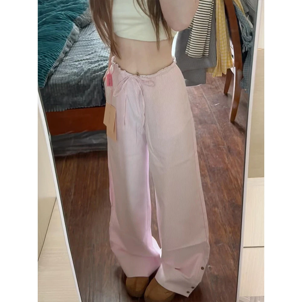 粉色条纹阔腿裤女夏季小众设计感蕾丝花边拼接慵懒宽松直筒休闲裤