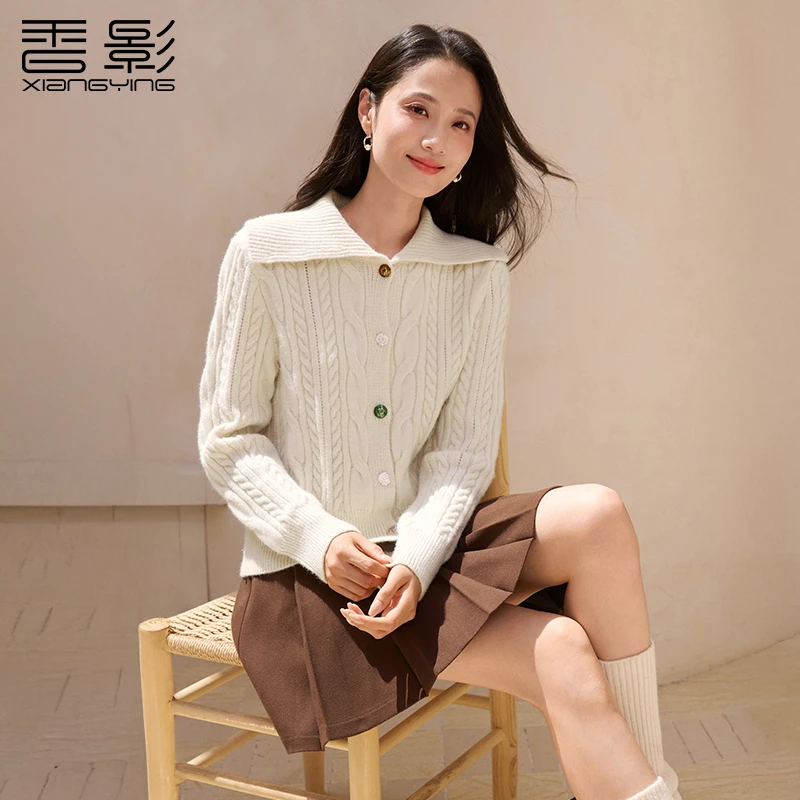 小春子专属M85W886毛针织衫香影绞花白色针织开衫女冬季新款修