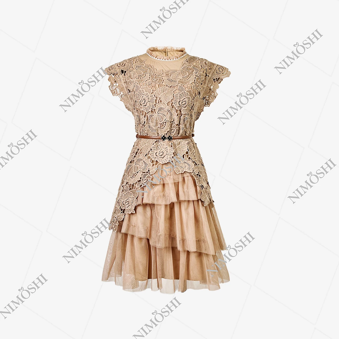 青仓【夏夏专属】法式小众气质名媛拼接蕾丝网纱纯色连衣裙女Q1246