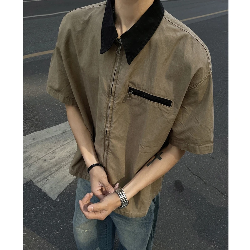 美式复古撞色翻领做旧短袖衬衫外套男女cleanfit短款百搭工装衬衣