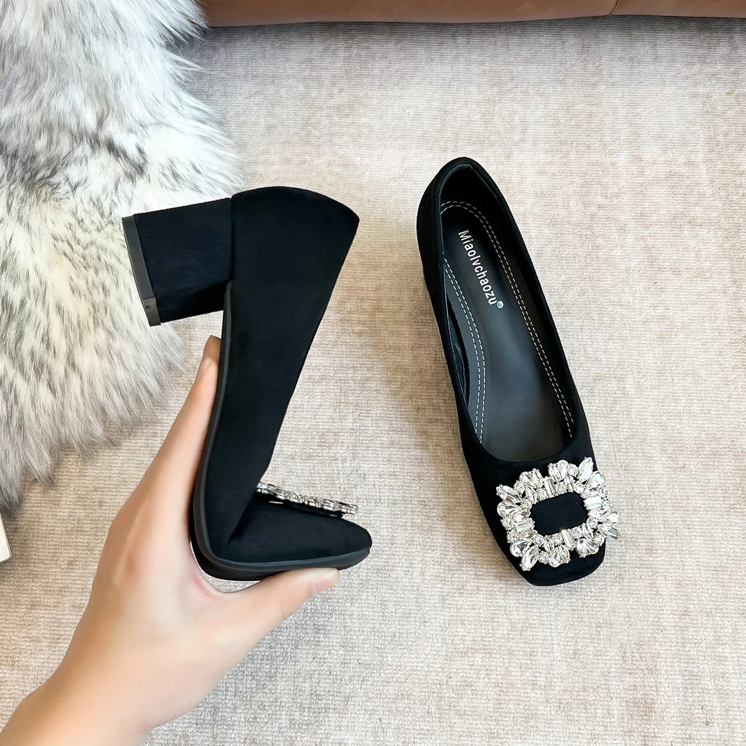 高跟鞋粗跟水钻单鞋厚黑防滑鞋子女款爆款2025新款秋冬加绒方扣鞋