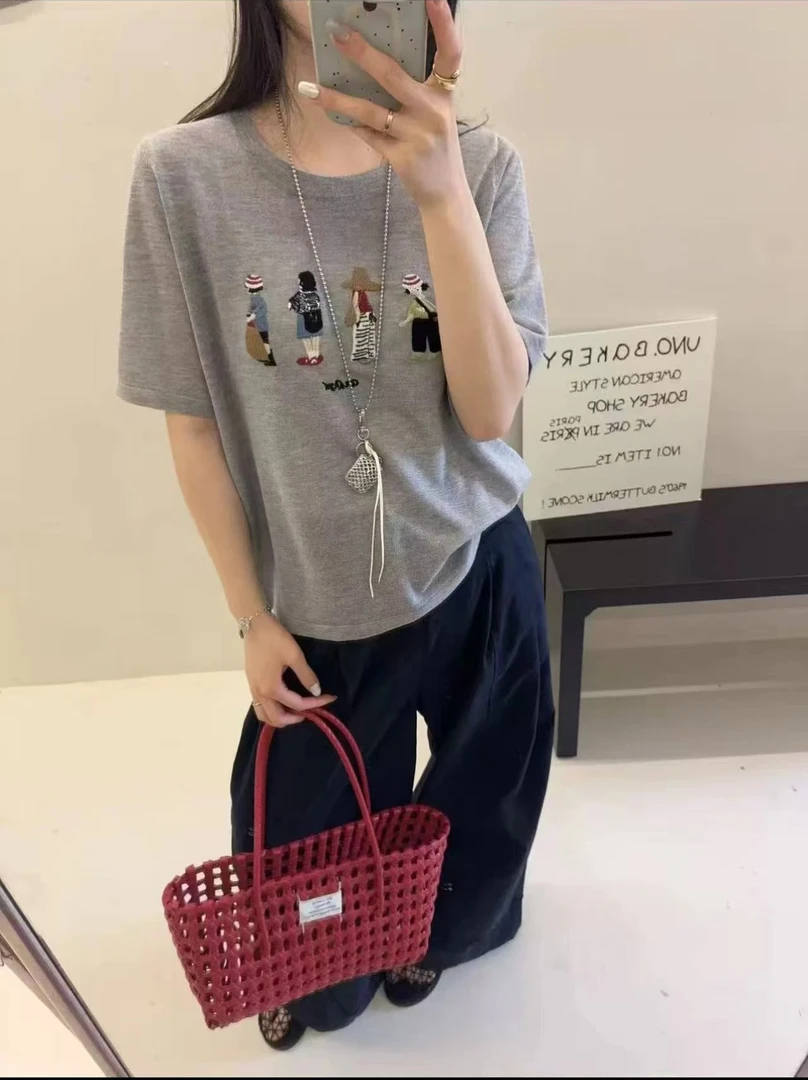 【韩系重工刺绣】夏日清爽新款女天丝冰麻圆领针织短袖宽松慵懒上衣