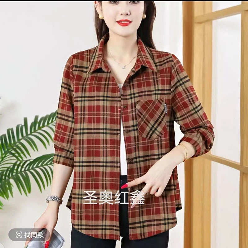 新款妈妈装春秋中老年长袖格子休闲百搭衬衫