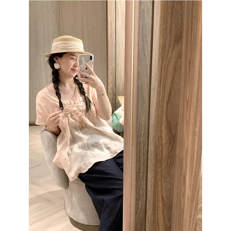 韩版韩系甜美褶皱宽松衬衫上衣短袖直筒阔腿裤慵懒高腰九分长裤子