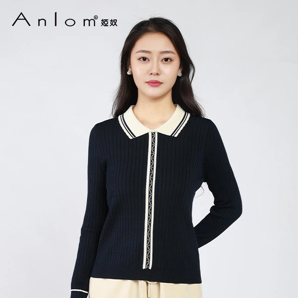 Anlom/娅奴【星光针织】25秋季新款时尚学院风修身显瘦翻领针织衫