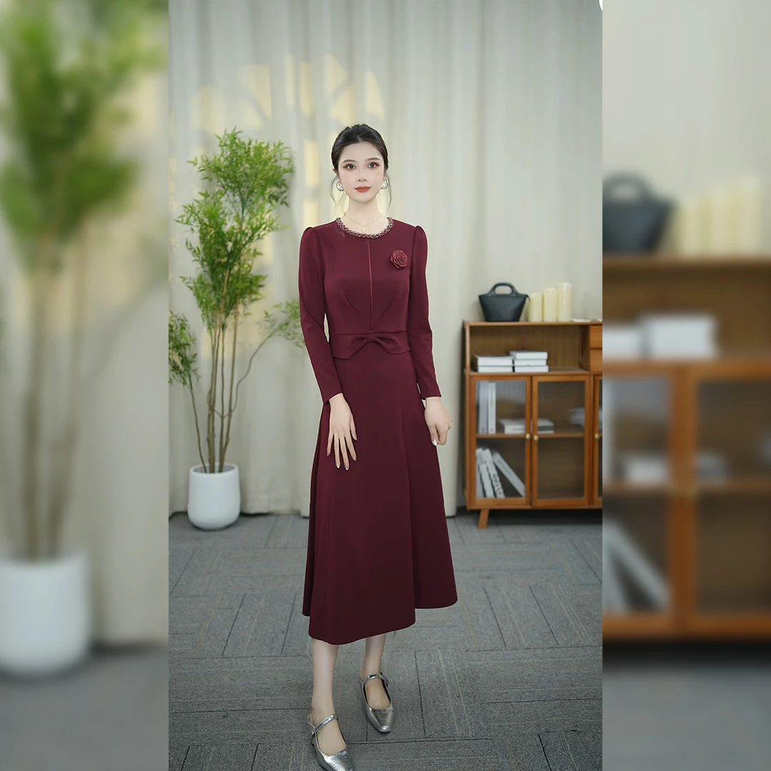 【月影女装】WT169秋季新款显瘦收腰长裙气质修身中长款长袖连衣裙