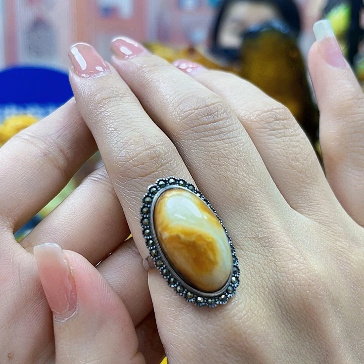 蜜蜡银S925镶嵌裸石戒指