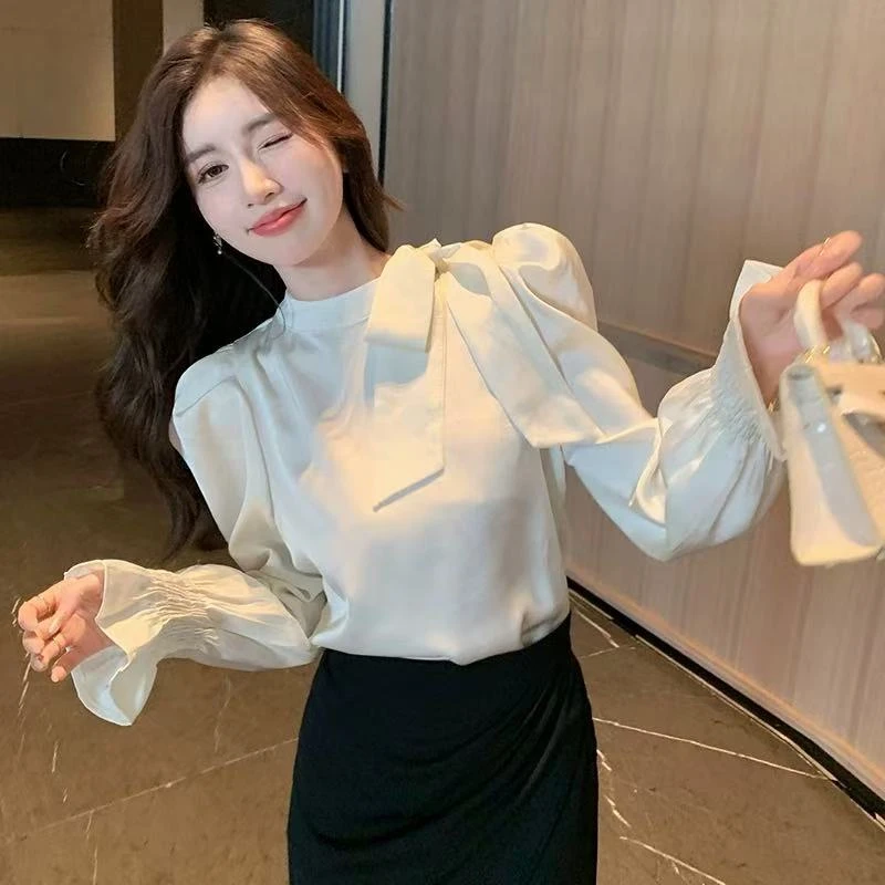 （醋酸绸缎衬衣）百搭蝴蝶结系带禅意法式衬衣时尚韩版春季小众2028