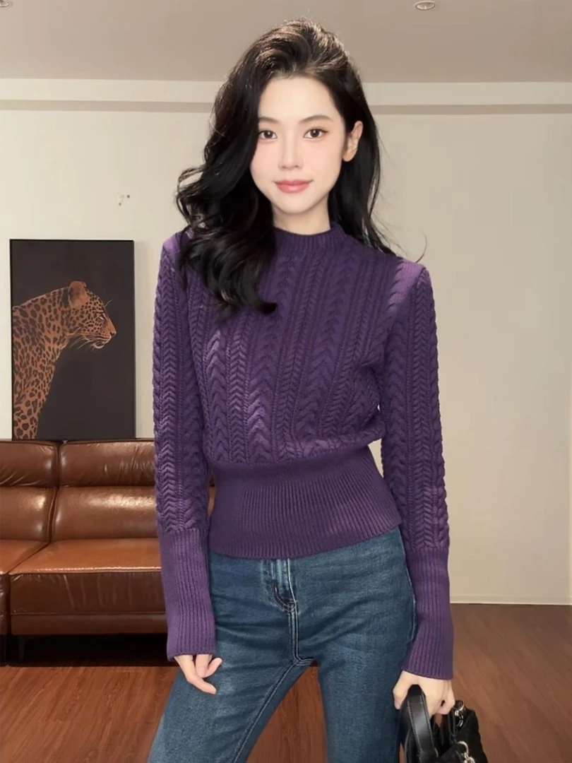 韩系麻花毛衣女秋冬新款收腰显瘦针织衫设计感独特气质上衣8068