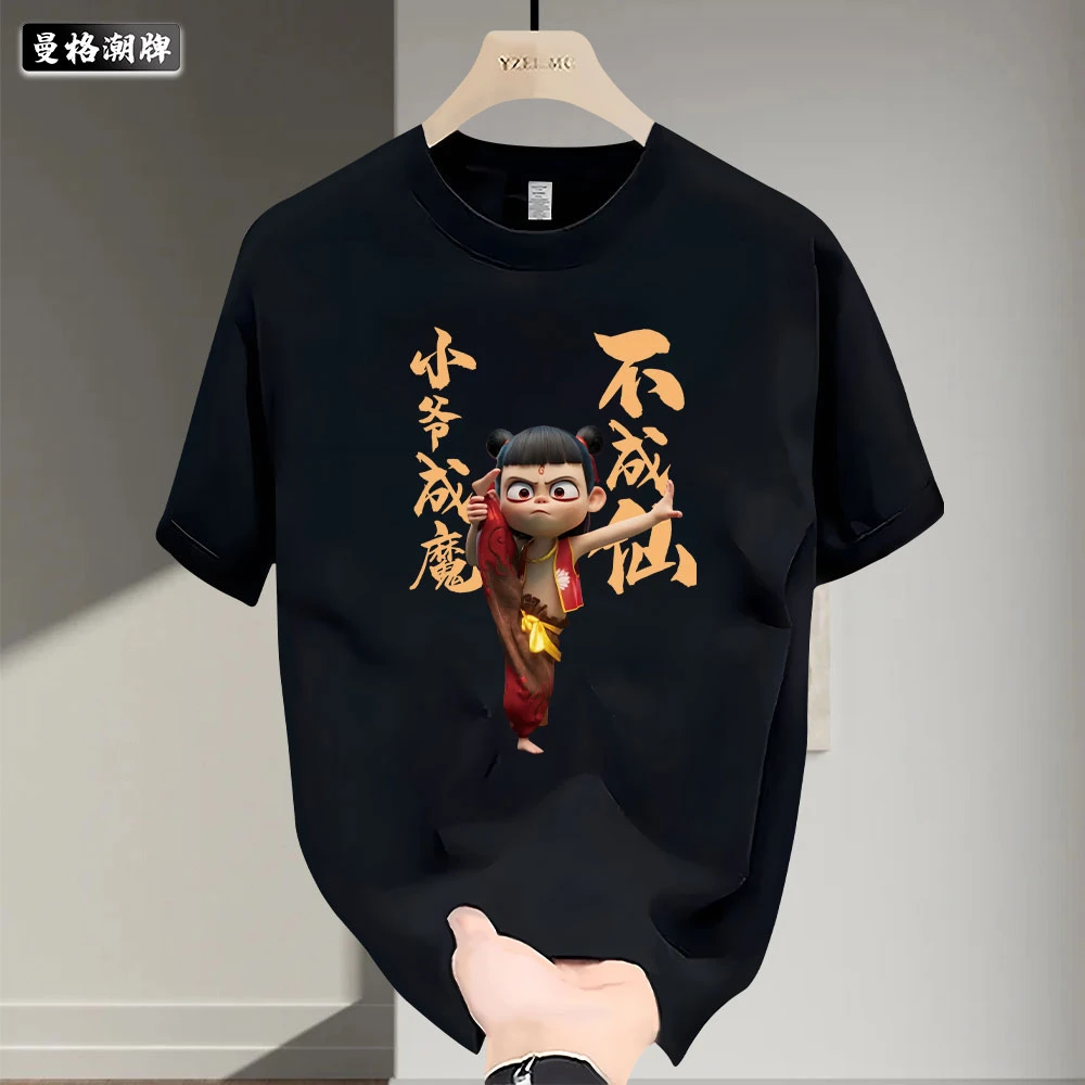 新款夏季国潮宽松ins哪吒印花新中式男青年百搭款纯棉圆领短袖T恤