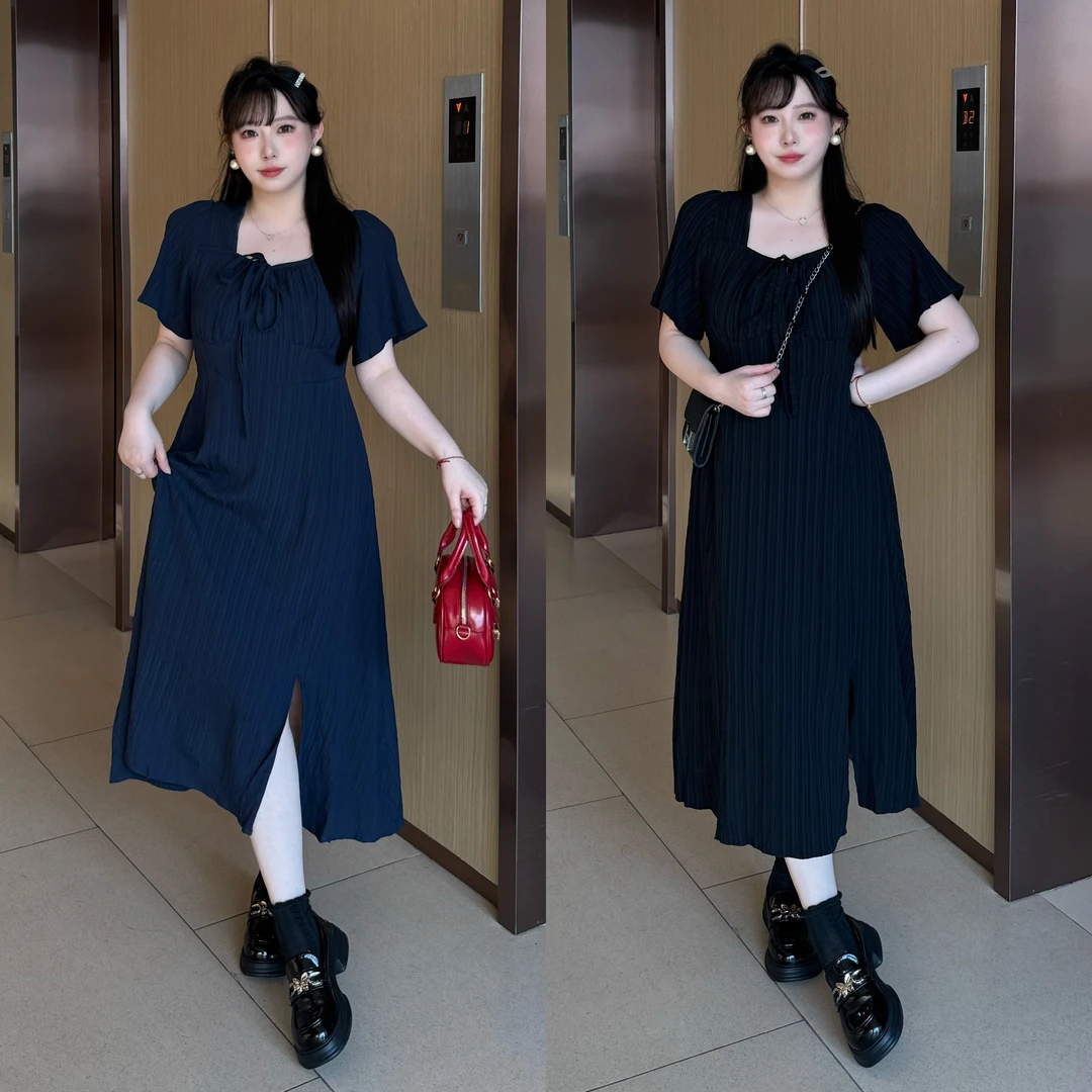 亿米-现货(蓝调时光)夏季法式方领高腰抽绳显瘦大码胖MM连衣裙