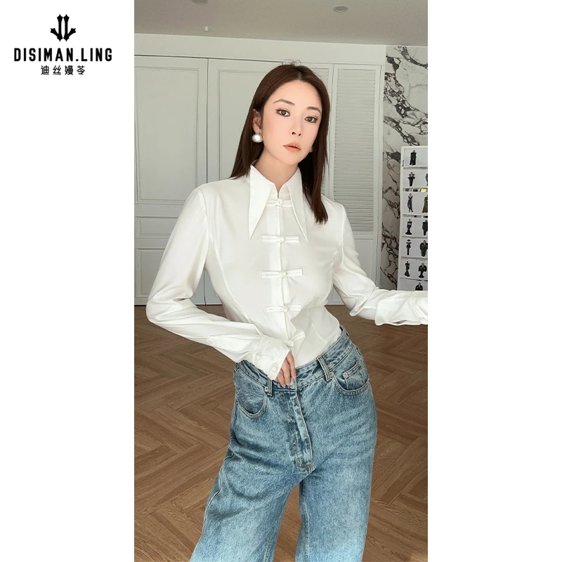 迪丝嫚苓白色气质衬衫长袖时尚休闲百搭修身女款原创设计小众优雅