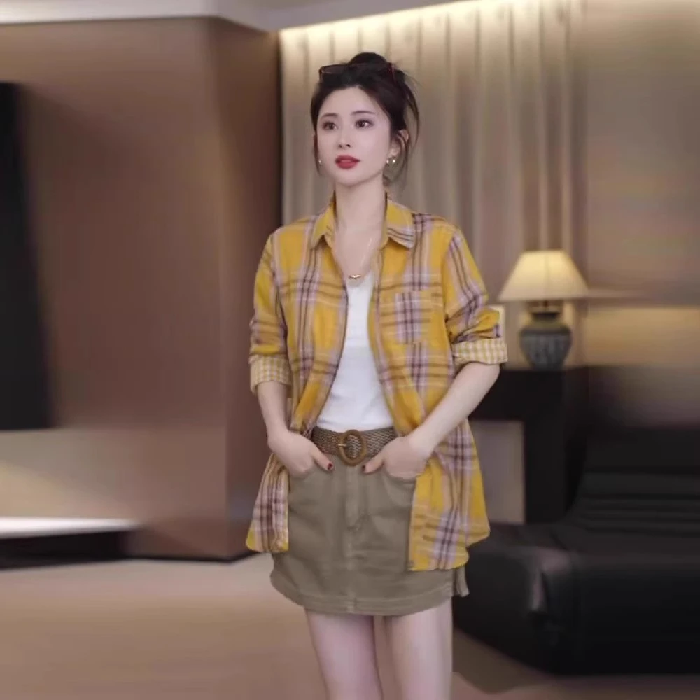 韩版新款长袖格子衬衫女2025夏季设计感小众高级感宽松防晒衫衬衣