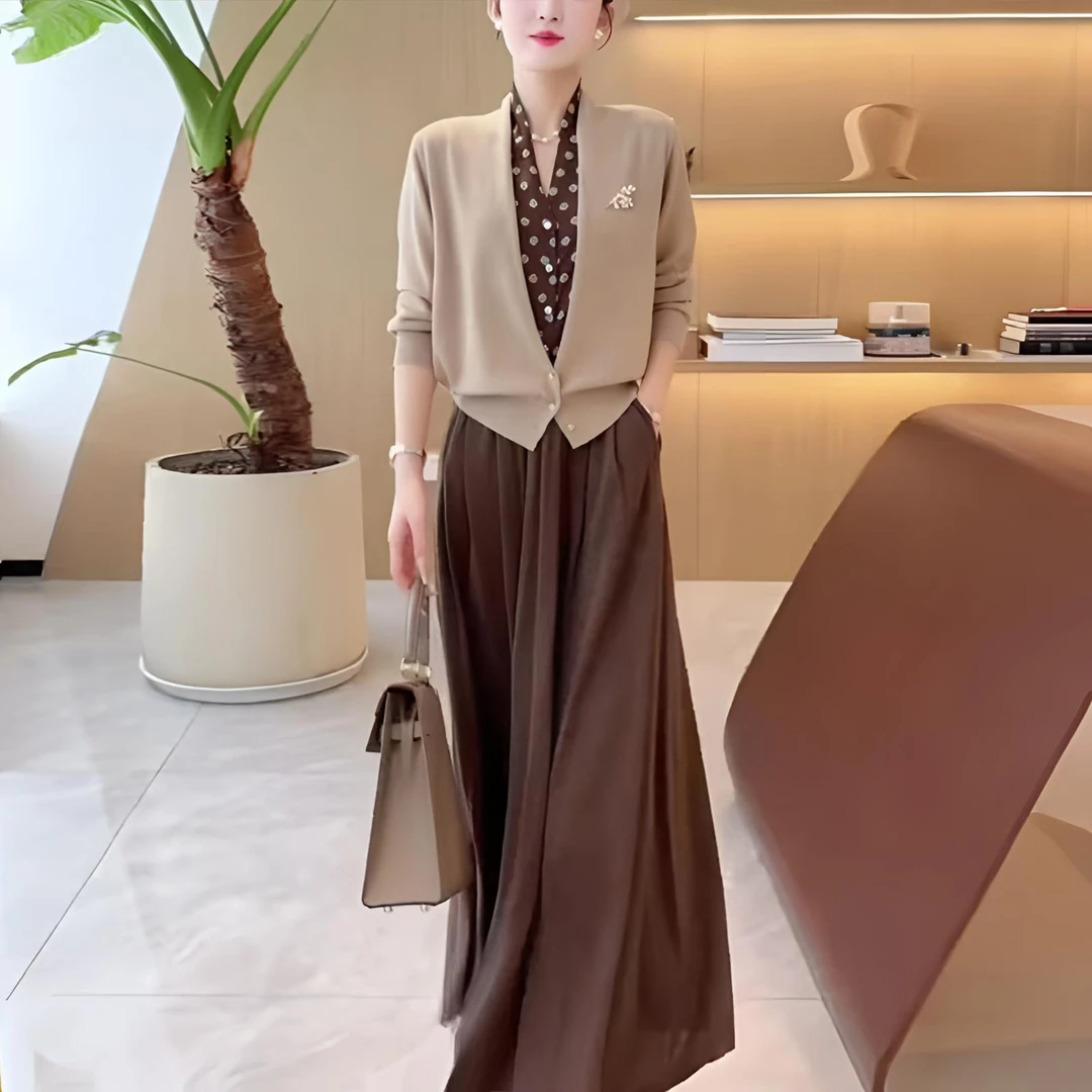 假两件波点V领针织开衫女长袖外套秋冬新款高腰垂感中长款半身裙