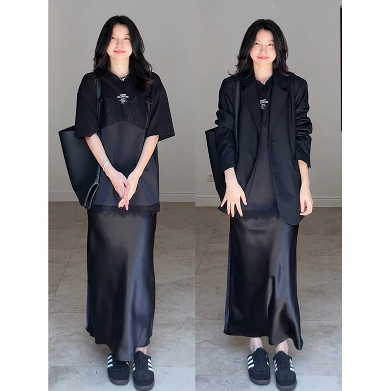 郭九九呢 棉蕾丝拼接假两件短袖t恤西装外套缎面半身裙G925Y13151