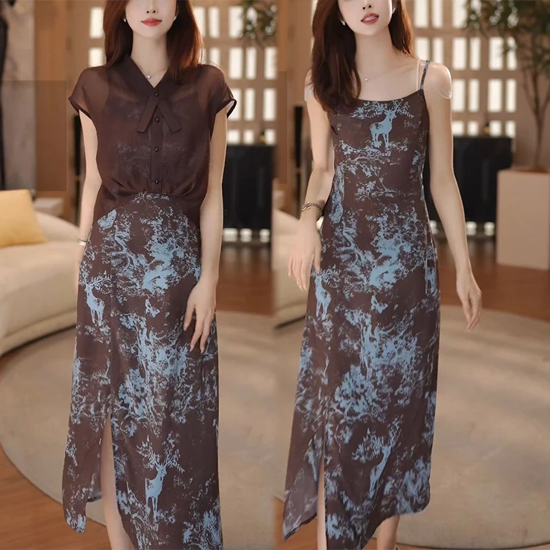 显瘦时尚设计套装2025夏季新款复古气质蕾丝上衣吊带连衣裙两件套