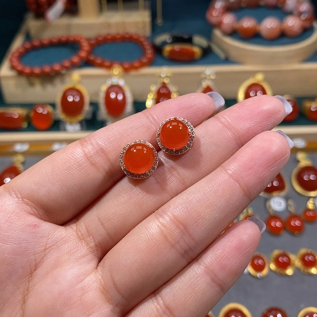 南红玛瑙银S925镶嵌耳饰