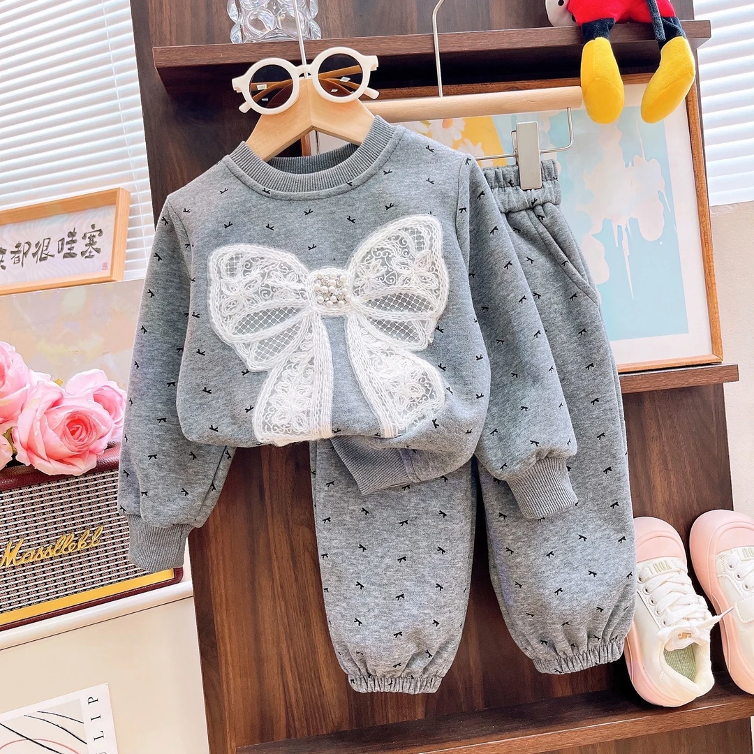 女童蝴蝶结套装新款春秋季洋气韩版卫衣两件套女孩秋季衣服