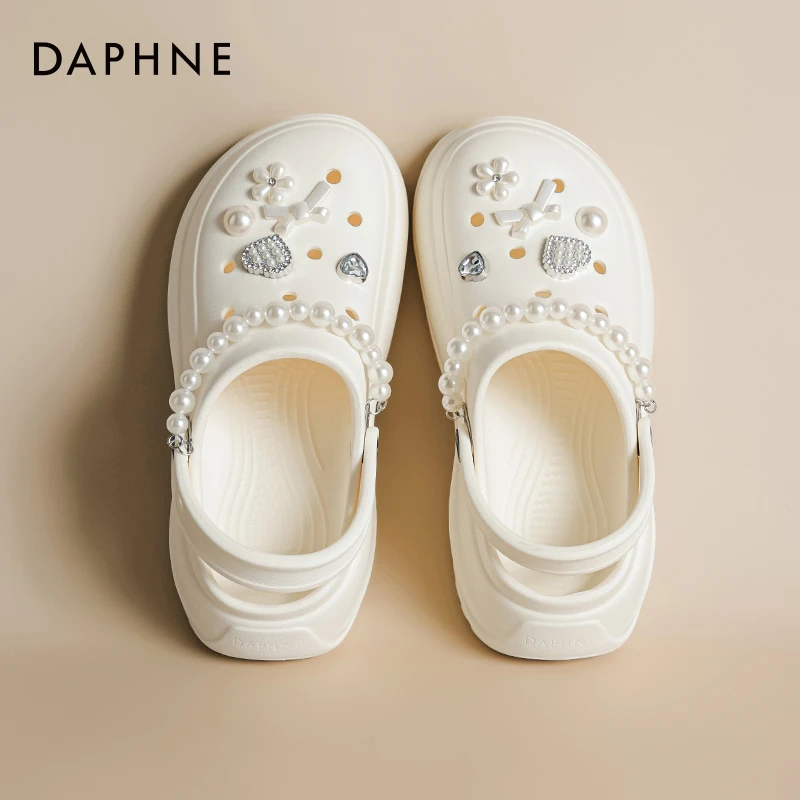 达芙妮凉拖鞋女夏季活力萌趣纯色厚底洞洞鞋串珠配饰女鞋舒适百搭