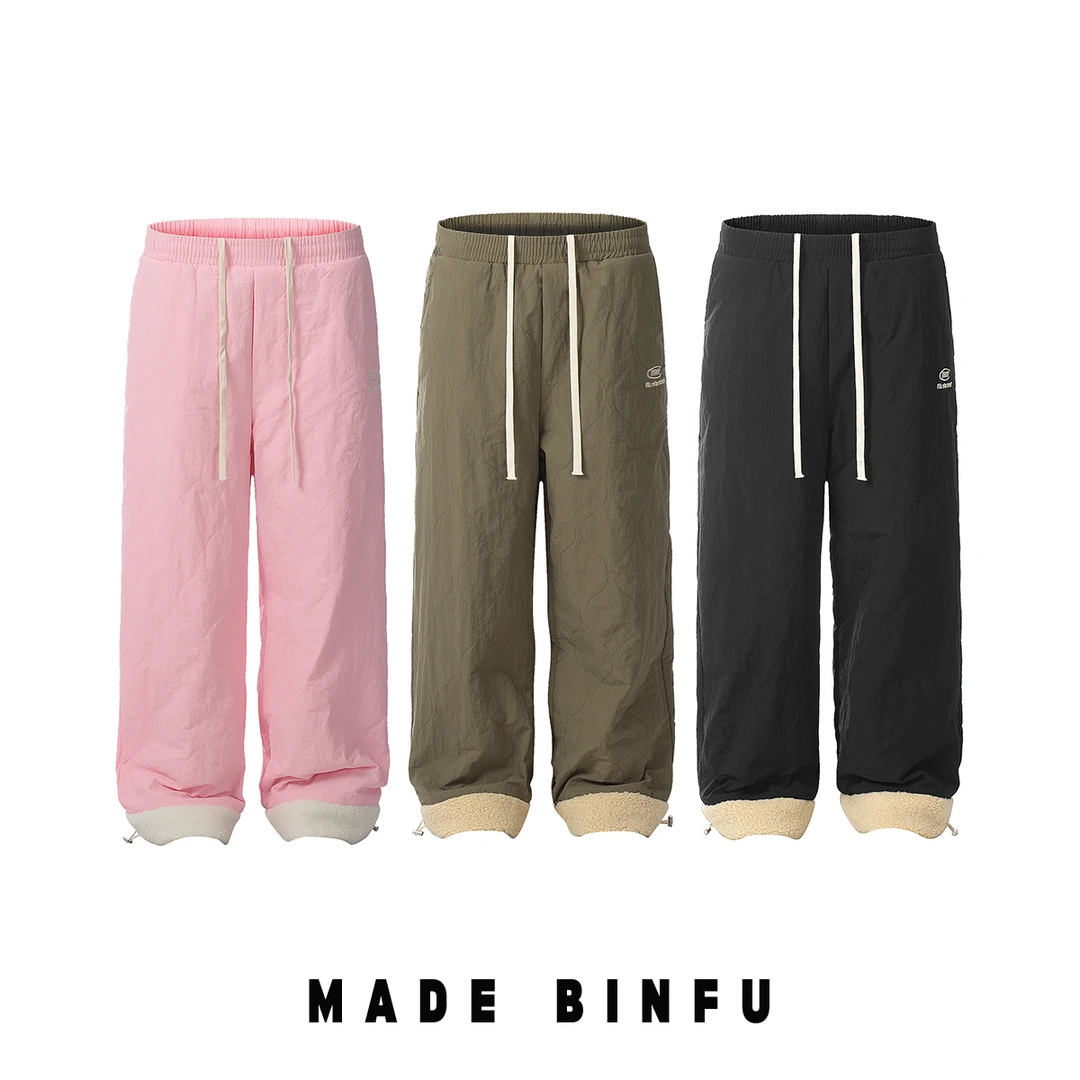 BINFU新品 男女同款加绒纯色宽松休闲毛边长裤