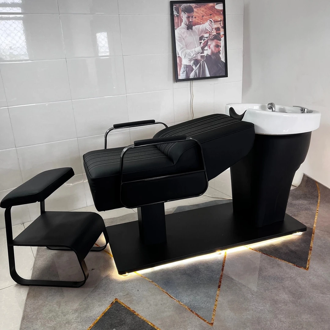 【舒适体验】洗头床理发店专用半躺式洗头床一体陶瓷盆美发店黑武士