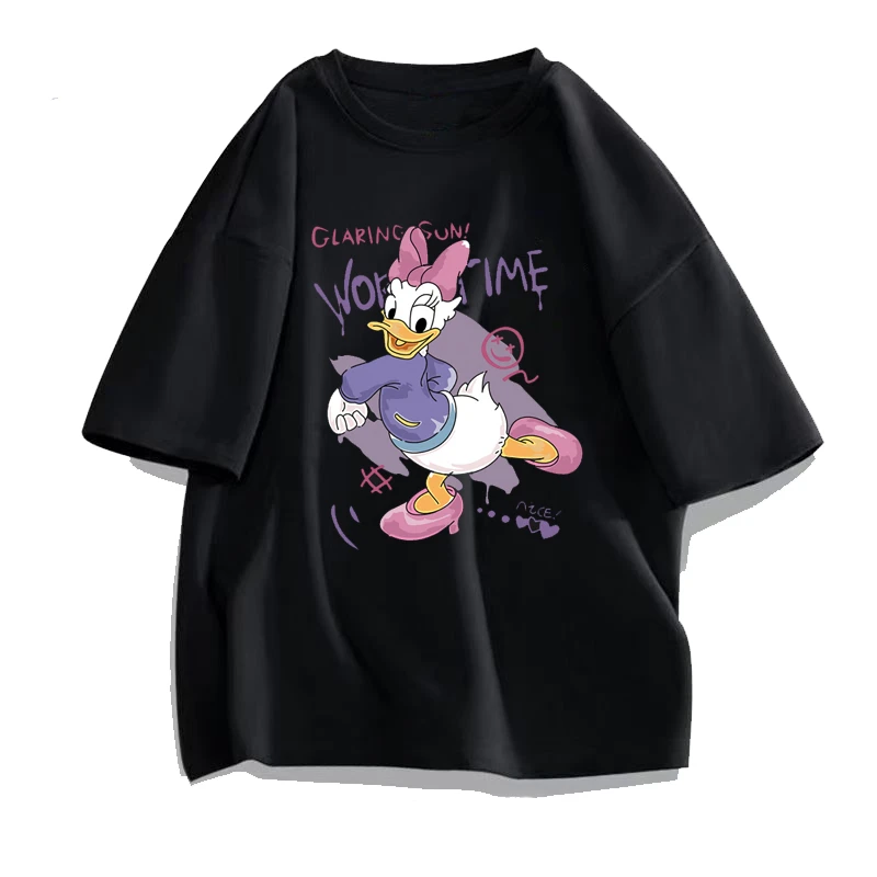 100%棉情侣半袖纯棉t恤白色休闲夏季宽松印花圆领卡通上衣百搭ins