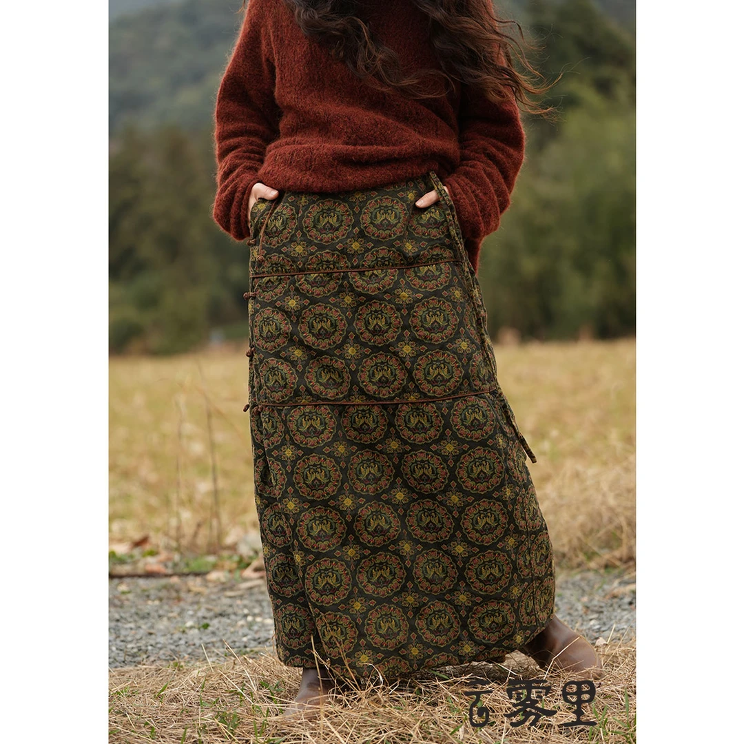 云雾里 原创设计复古文艺松弛感古朴典雅随性亚麻混纺棉裹裙 3169