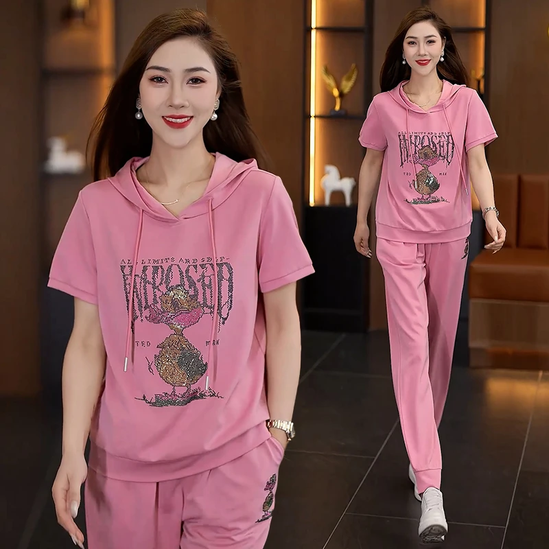 休闲运动套装女夏季2025新款时尚洋气百搭显瘦连帽短袖卫衣两件套