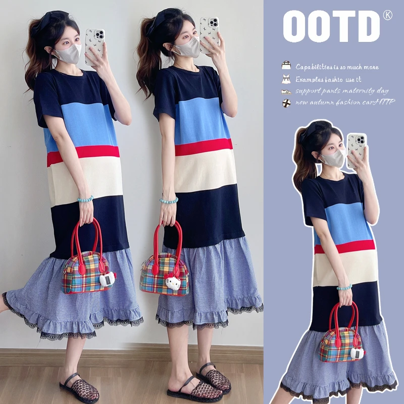 孕妇装夏季韩版拼接撞色连衣裙新款松弛感T恤孕妇长裙