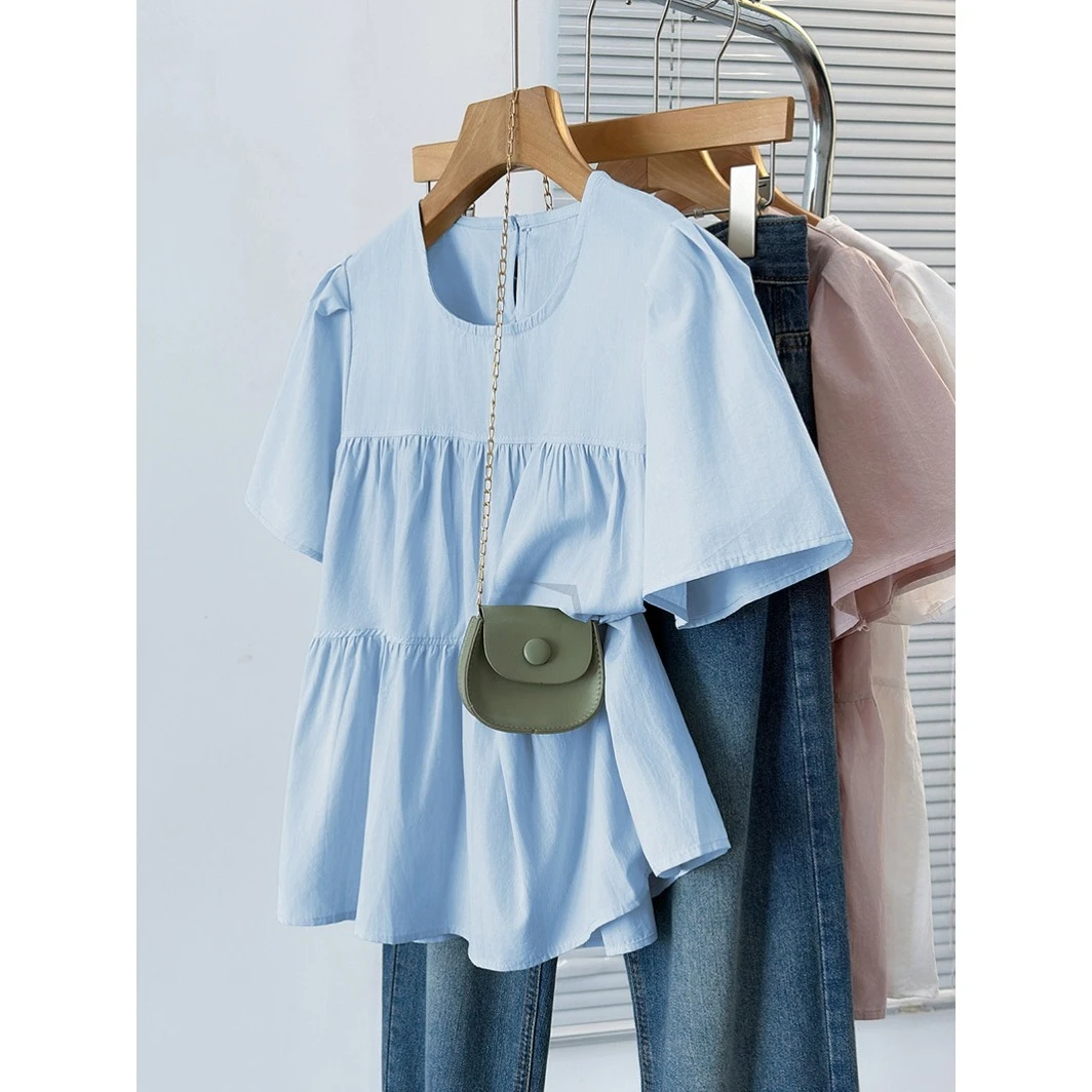 夏装新款胖mm大码女甜美减龄设计感拼接圆领短袖小衫-ONL32860