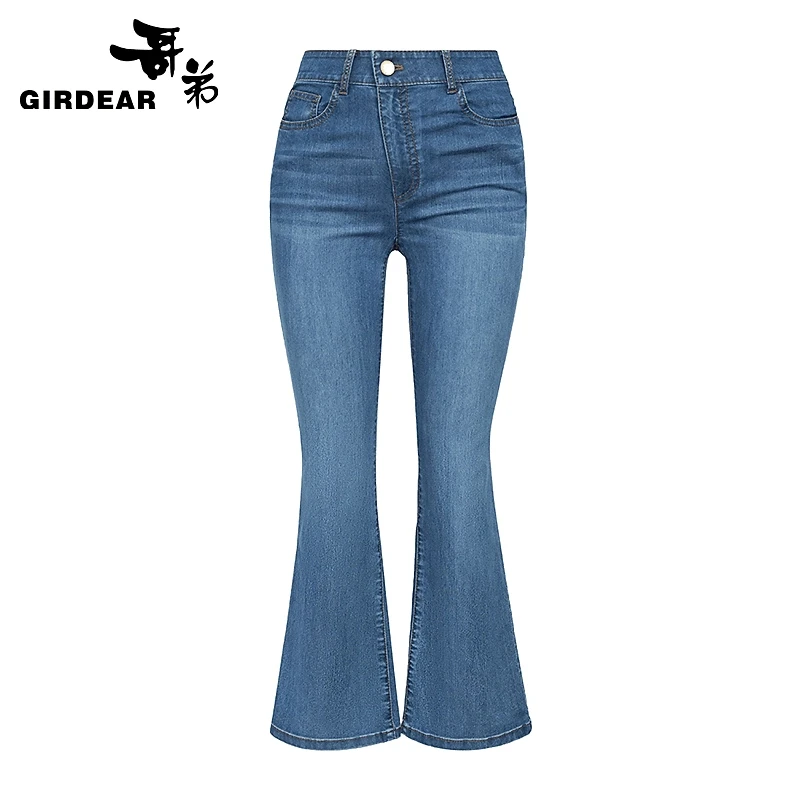 GIRDEAR/哥弟春季新款简约中腰倾斜拉链微喇牛仔九分裤女士110007