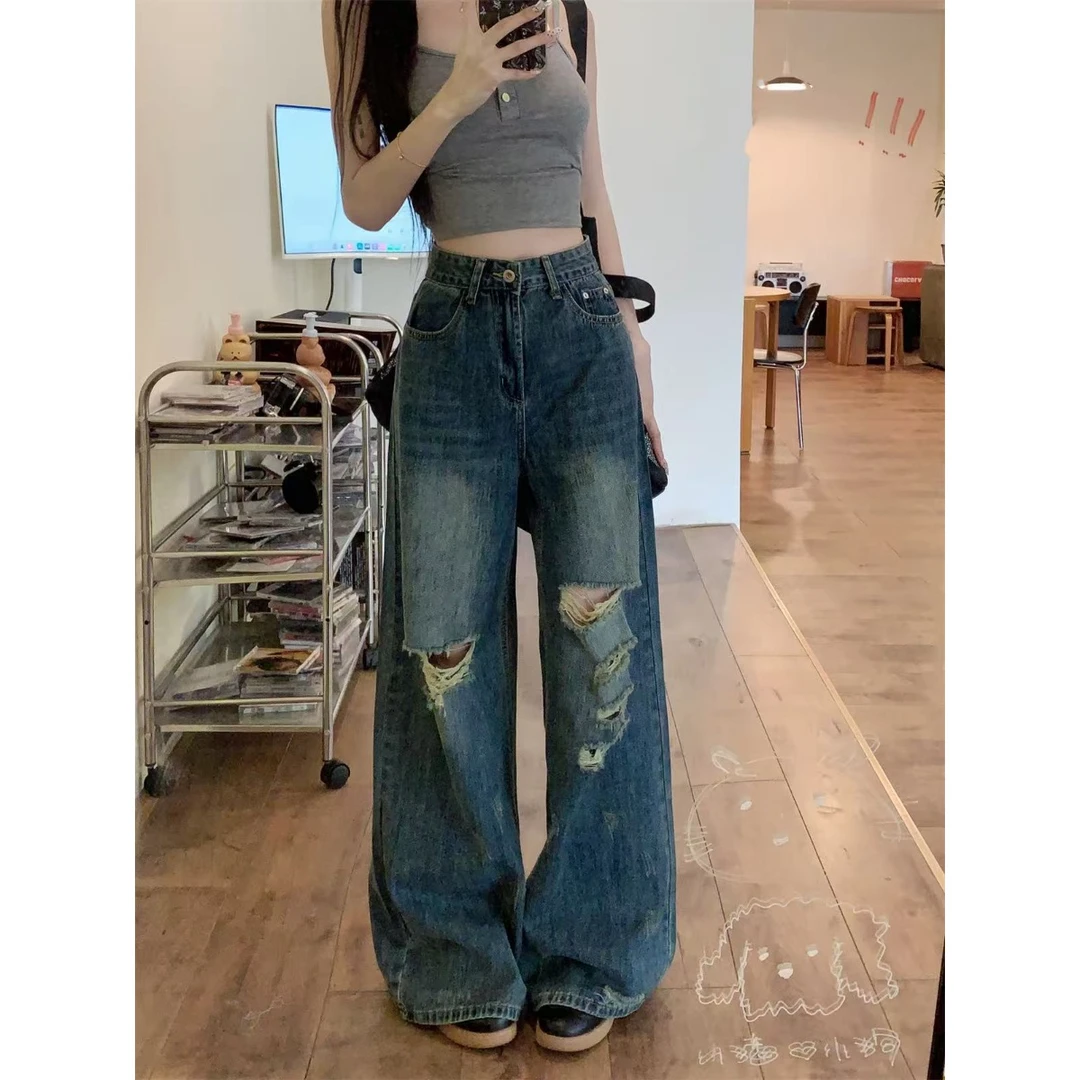 美式复古阔腿牛仔裤女春季破洞宽松直筒裤子休闲高腰显瘦拖地长裤