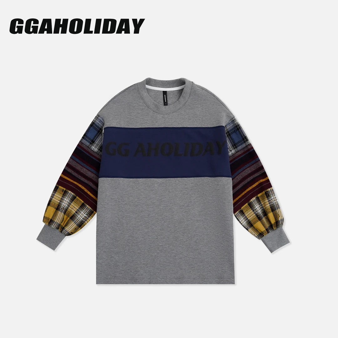 GGAHOLIDAY秋季复古宽松休闲时尚格子拼接撞色长袖卫衣-153143