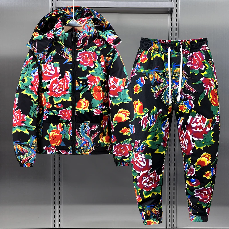 东北大花袄套装男女冬季情侣大码棉衣裤复古外套牡丹花网红棉服潮