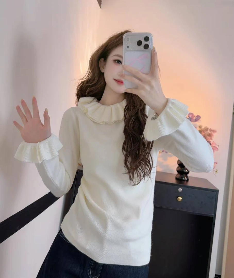 甜美纯欲风别致显瘦荷叶领花边领针织衫女秋季高级感
