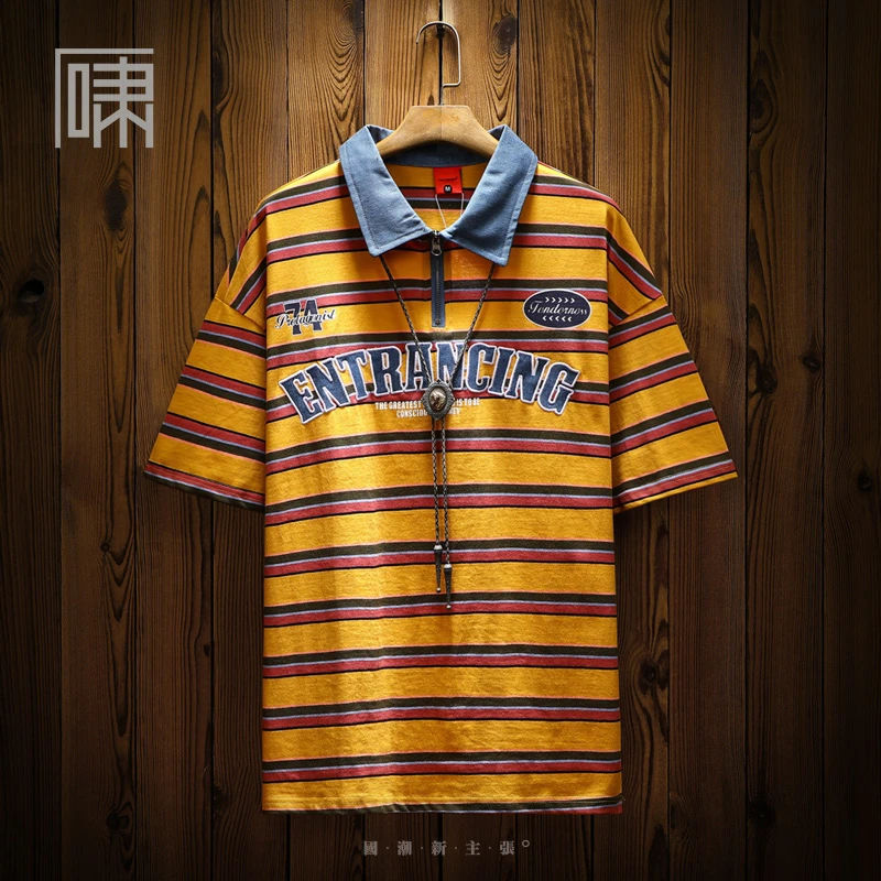 夏季潮牌美式复古字母贴布polo领五分袖T恤 男学院风宽松条纹中袖
