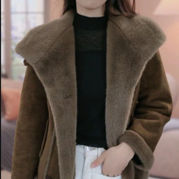 人造皮草 新款保暖一体外套保暖短外套女士加绒翻领加厚翻领百搭