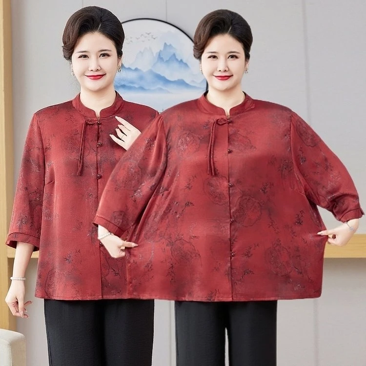 特大码妈妈装中老年复古国风衬衫加大夏季九分袖女衬衣6827款！