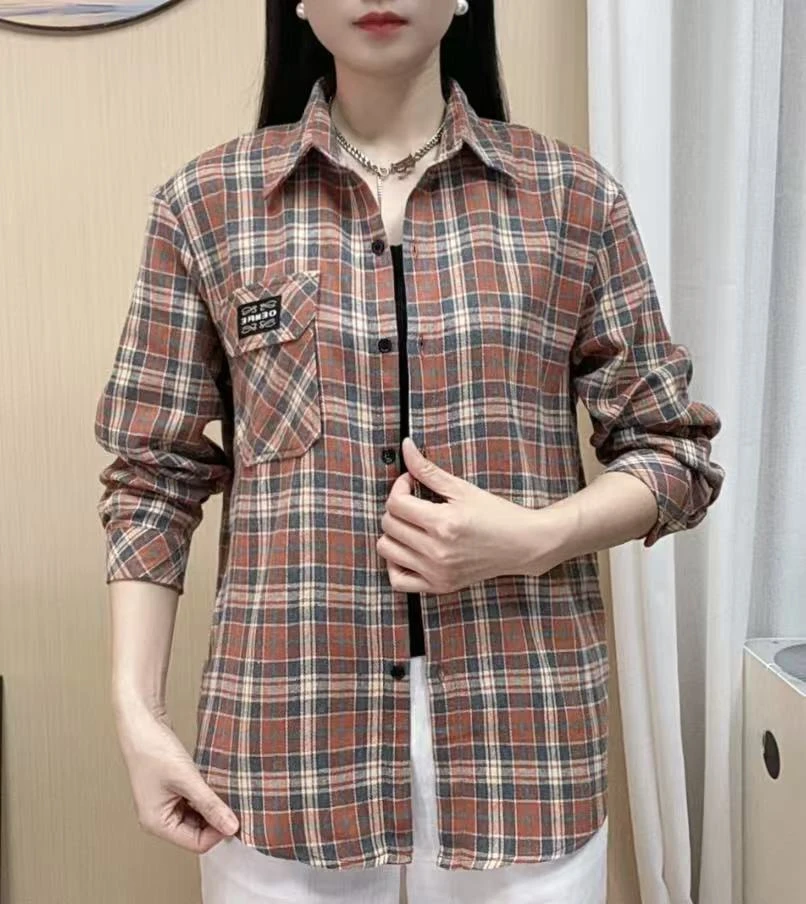 2025春夏新款格子衬衫女百搭外套薄款格子衬衫宽松大码防晒衬衣