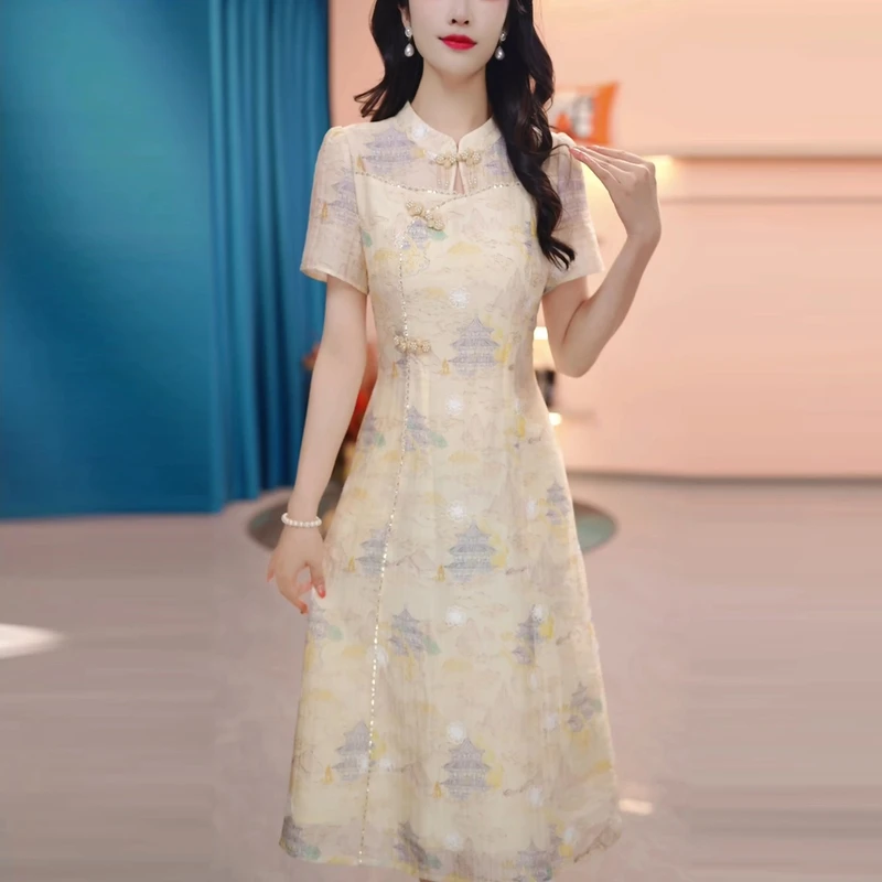 植物花卉短袖优雅日常中长裙旗袍长款时尚碎花印花