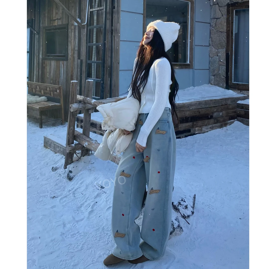 YOYO自制【腊肠狗2】厚绒设计感水貂绒绣花水洗软牛仔阔腿拖地裤