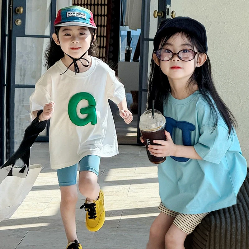 儿童短袖t恤套装2025夏款女童宽松休闲上衣洋气字母趣味T骑行裤子