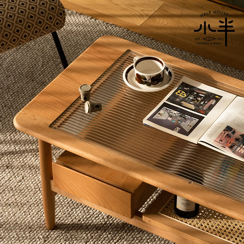 小半家具实木茶几北欧藤编樱桃木客厅家用茶桌日式小户型长方形桌