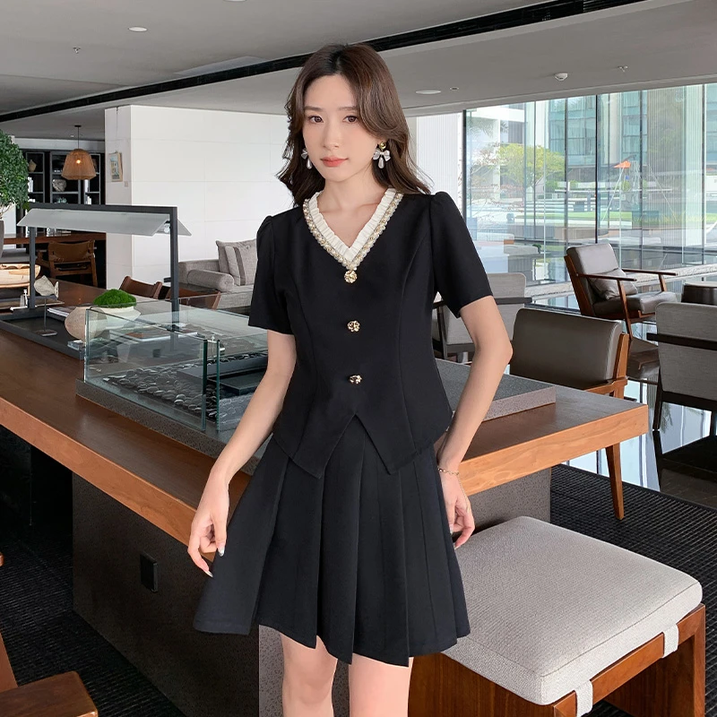 奢姿大码女装2025夏季时尚v领短袖套装胖妹妹气质优雅简约两件套