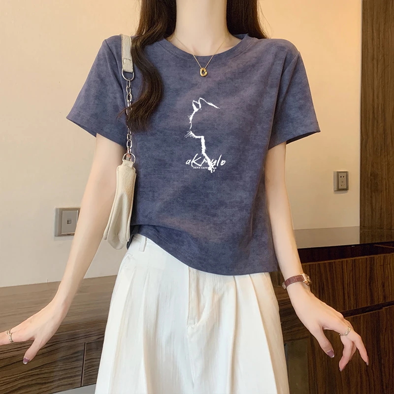 短袖正肩t恤女2025年夏季新款爆款纯棉短款扎染半袖洋气上衣体恤