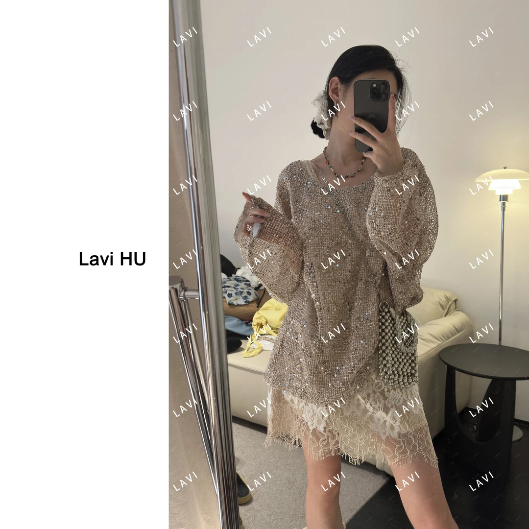 【雪糕专属】塞纳河畔的星 宽松镂空长袖针织亮片裙蕾丝裙6261、8640